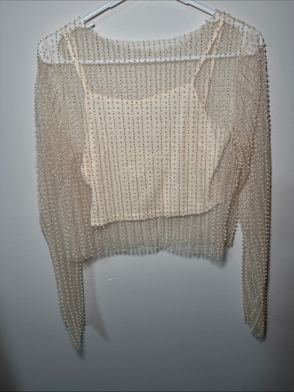 Sheer Pearl-Embellished Cream Crop Top